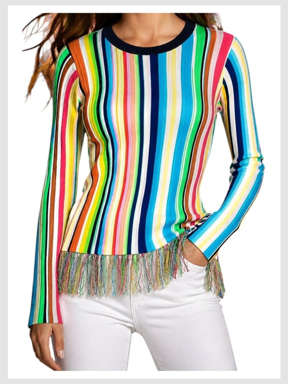 Milly Rainbow Striped Fringe Hem Ribbed Knit Sweater Size S - Picture 1 of 9